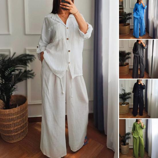 Dámský bavlněno-lněný dvoudílný outfit, ležérní, s dlouhým rukávem, na knoflíky, se stahovací šňůrkou