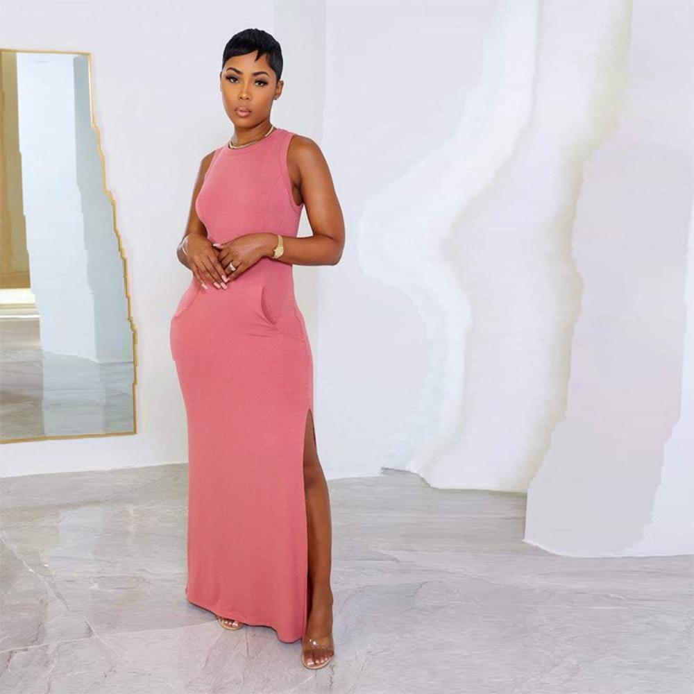 Women's Crew Neck Sleeveless Maxi Dress Bodycon Solid Knit Long Dress With Side Pockets Side Slit