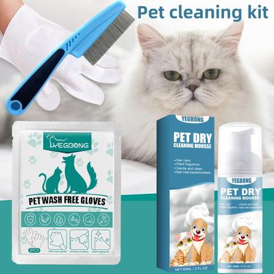 Yegbong Pet Dry Shampoo No Rinse Waterless Wash for Cats Dogs Odor Removal Hair Care Deshedding Dense Comb Gloves Cleaning Kit