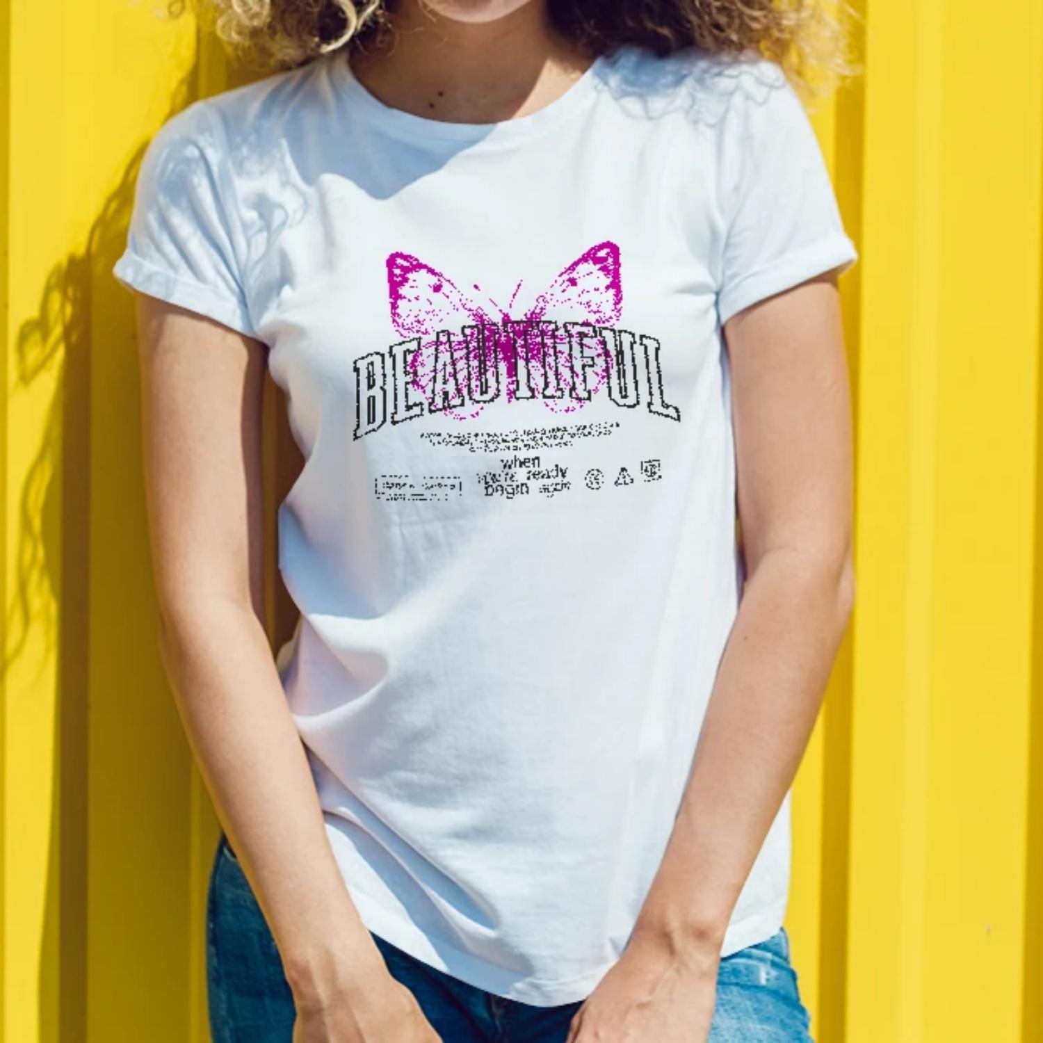 

Women s round neck butterfly and letter print casual spring and summer T-shirt express artistic personality XXXXXL білий