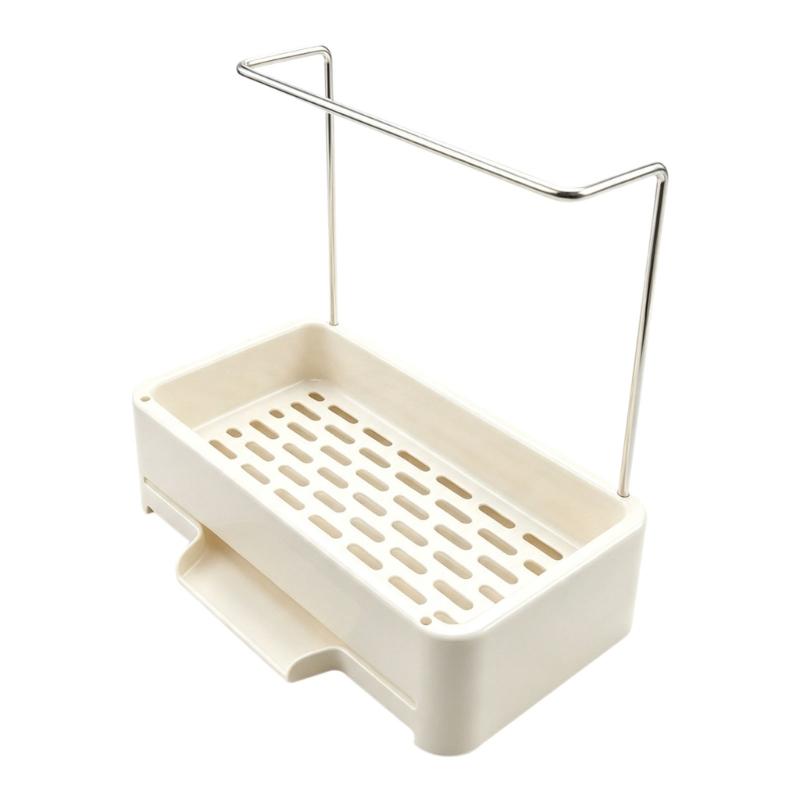 Kitchen Sink Storage Rack with ABS Plastic Basket, Removable Drain Tray and Raised Metal Bar for Hanging a Dishcloth
