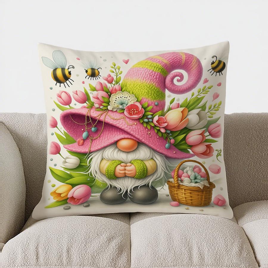 Home Decor Gnomes &amp; Flowers Swing With Heart Decor Pillow Pattern Cushion Cover Suitable For Sofa Bedroom Car Pillow Cover