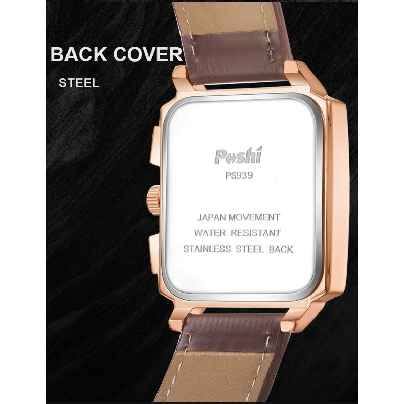 POSHI Square Watch Men's Glow-in-the-dark Waterproof Quartz Watch Multi-functional Calendar Leather Watch