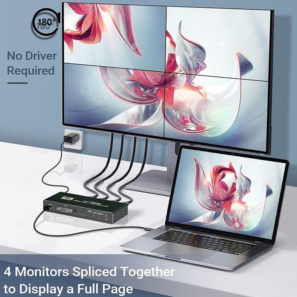 Controlador de Videowall HDMI 4K 2x2 Procesador de Videowall HDMI/DVI 1080P@ 60Hz con Salida de Audio; Combina 4 Pantallas de TV en una Única Pantalla de Pared