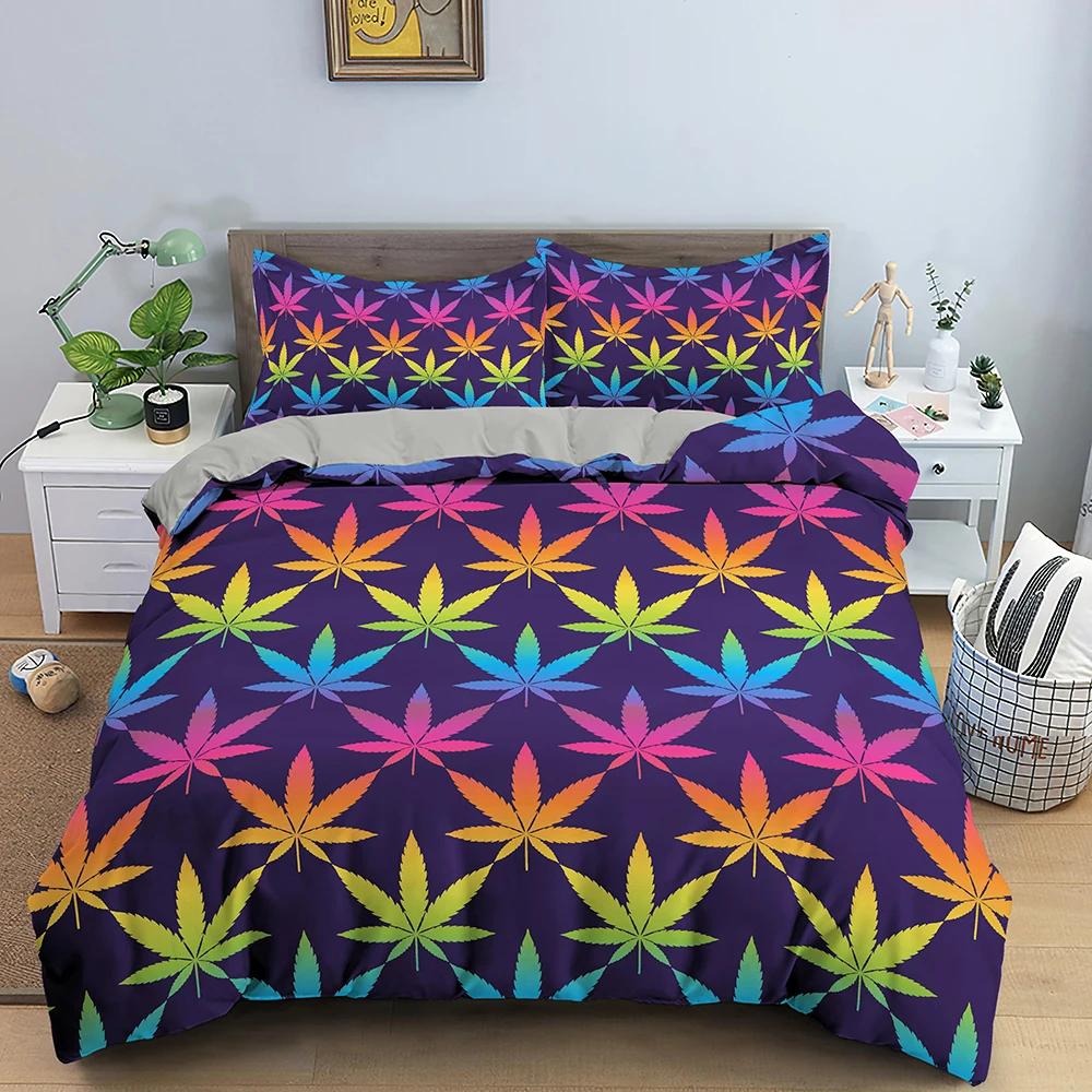 Maple Leaves King Queen Bedding Set Psychedelic Weed Leaf Duvet Cover Colorful Stripes 2/3Pcs Polyester Quilt Cover