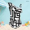Girls One Shoulder Ruffle One Piece Swimsuit Black White Geometric Printed