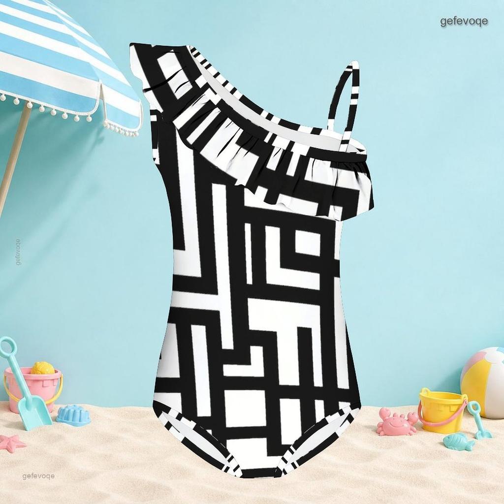 Girls One Shoulder Ruffle One Piece Swimsuit Black White Geometric Printed