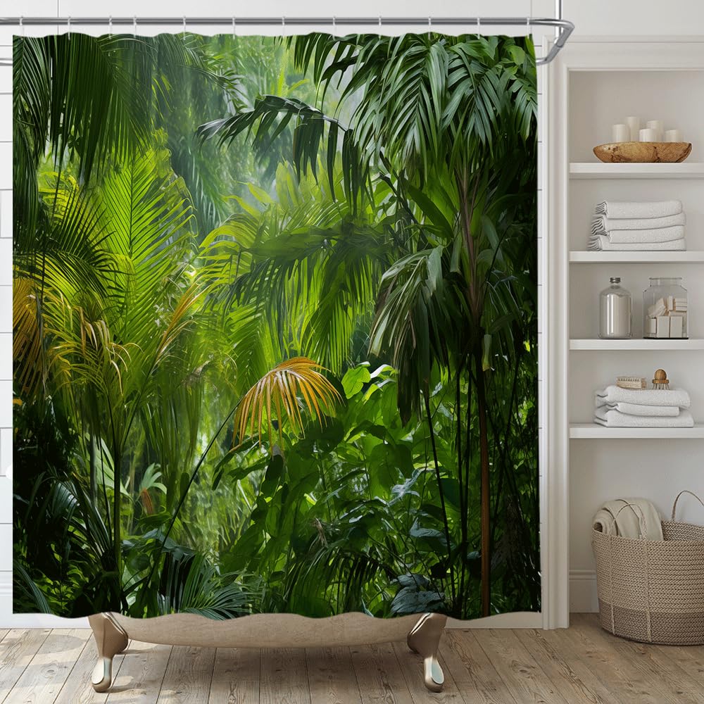 

Шторка для душа Тропический rainforest с изображением пальмовых листьев, лесных деревьев, природы. Летний живописный набор для ванной комнаты с крючками W60H190(CM)-1 Pcs