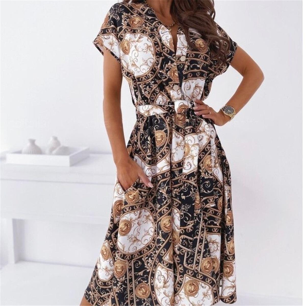 

Tooxika Летние Новые Платья-рубашки с принтом, Платья миди с коротким рукавом и завязкой для женщин 2XL коричневый