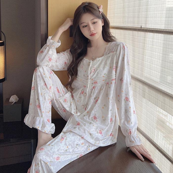 

Женский пижамный комплект из золотого бархата на осень/зиму 2024: Комплект с длинным рукавом и брюками, стиль принцессы, для дома/улицы XL