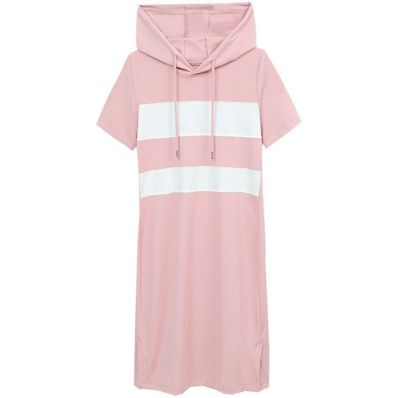 Women's Cotton Hooded Korean Style Slim Fit Summer Dress, Casual Short-Sleeved Mid-Length Skirt