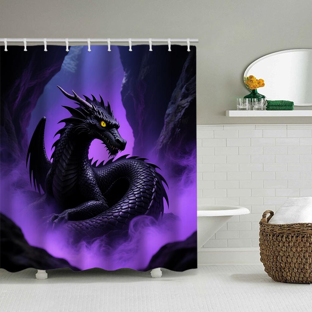 1/4 Duschvorhänge mit doppeltem Drachenkopf-Druck, Toilettensitzdekoration, Duschvorhang mit Teppich und Toilettendeckel, 70,8x70,8 Zoll