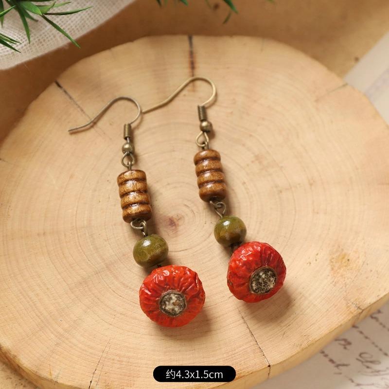 Retro Handmade Plant Fruit Earrings Pine Cone Literature and Art Chinese Medicine Dried Fruit Niche Creative Earrings Women
