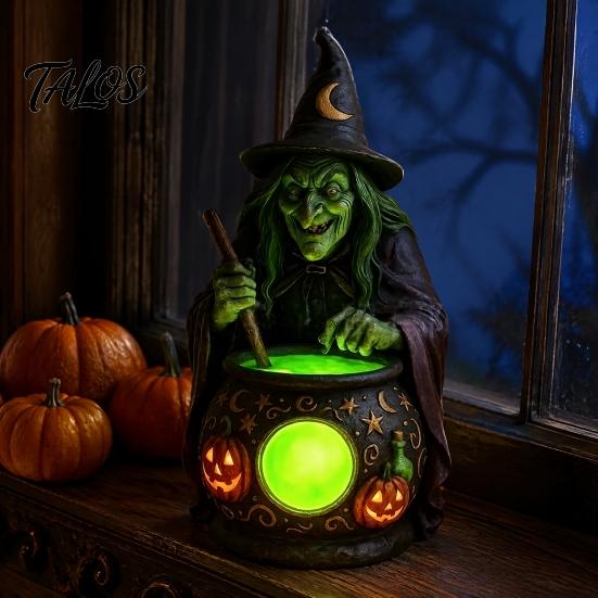 Figuritas Decorativas Detalladas Bruja de Halloween Caldero Lámpara, Adorno de Estatua de Resina, Luz de Mesa Única Espeluznante para Decoración de Escritorio