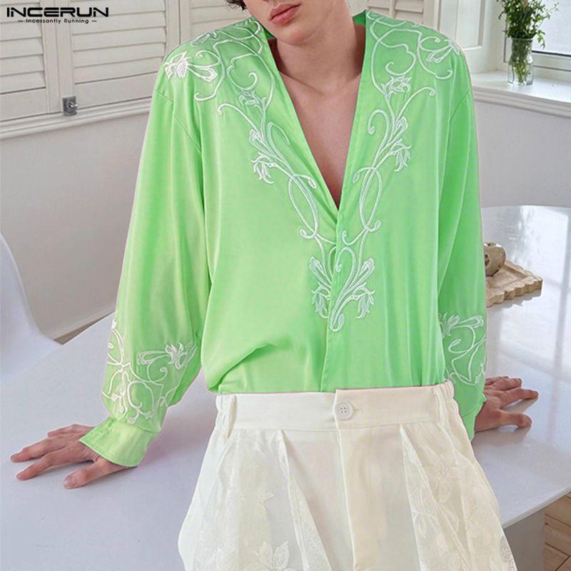 INCERUN Men Deep V Neck Long Sleeve Embroidery Casual Oversized Shirts