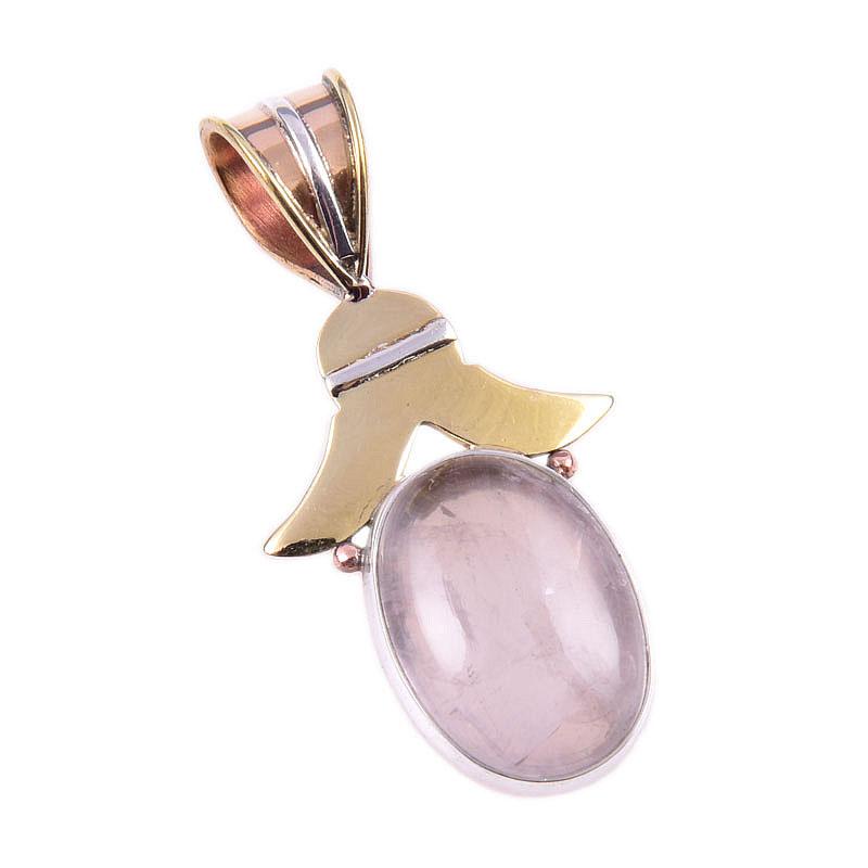 Natural Rose Quartz 925 Solid Sterling Silver Jewelry TwoTone Pendant 1.75" M3y43