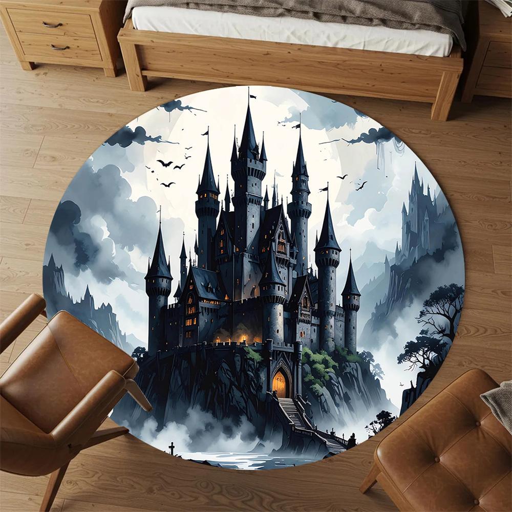 1 peça Tapete Redondo para Cadeira Castelo Assustador - Antiderrapante, Tapete de Chão para Escritório, Quarto e Decoração de Interiores -1002018