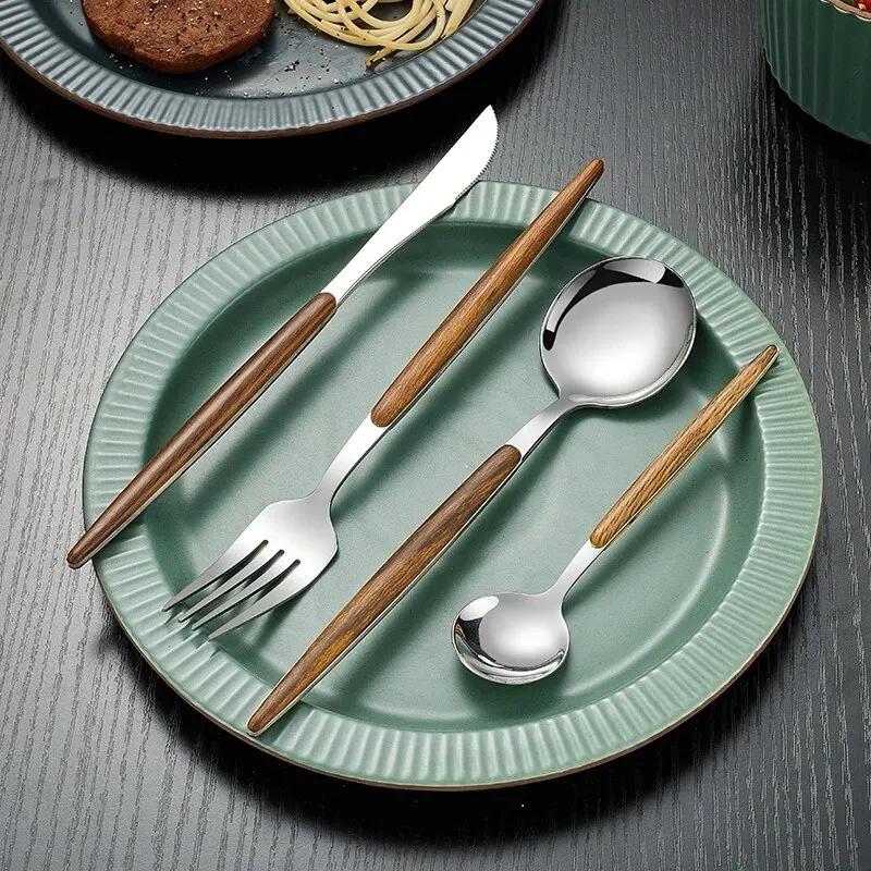 4pcs Stainless Steel Imitation Wooden Handle Cutlery Set Dinnerware Clamp Western Tableware Knife Fork Tea Spoon sets
