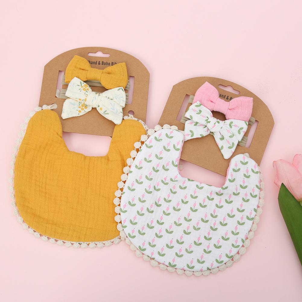 Baby Flower Bibs & Headbands Bow Nylon Hairbands Double Side Saliva Towel Feeding Burp Cloth Scarf Boys Girls Headwear