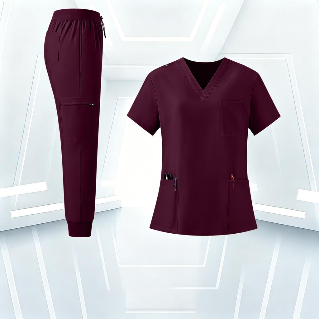 Women's Uniform Set with V-Neck and Pockets, Short Sleeve Scrub Top and Pant Set, Quick-Dry Color Uniform for Work