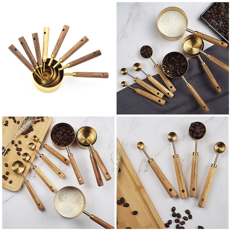 Set of 8 Baking Tool Set Stainless Steel Measuring Cups Measuring Spoons Wood Handle Kitchenwares for Coffee Powder