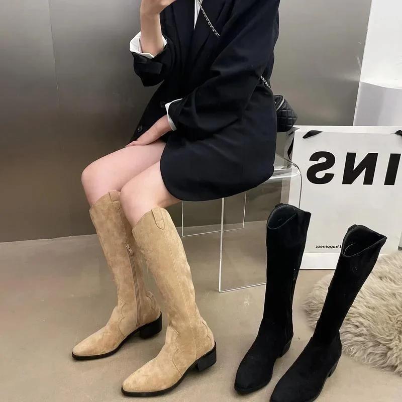 Fashion Women's Long Boots Elegant With Low Heels Winter 2024 Autumn Ladies Knee High Shaft Shoes On Offer Demi-season Spring Boot Work