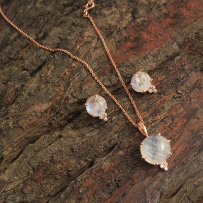 Moonstone Zircon Rose Gold Plating 100% 925 Sterling Silver Pendant Earring Necklace Set Women Wedding Jewelry