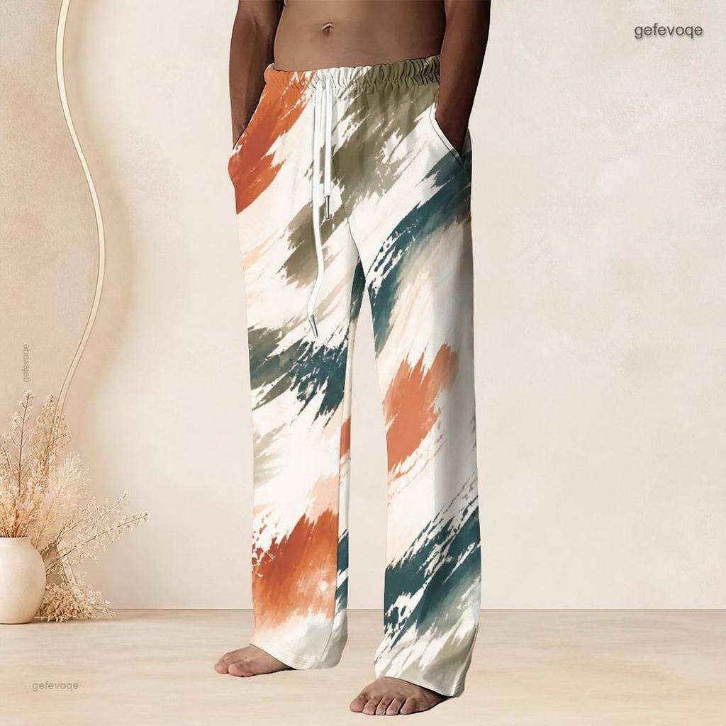 Men S Plus Size Drawstring Waist Blue Gold Marble Print Straight Leg Full Length Beach Pants