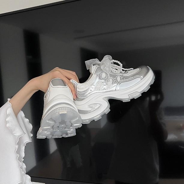 Cowhide Version~ Inner Heightening Lace Pearl Dad Shoes Women's Breathable Leather Casual Sports Shoes Women's Platform Dad Shoes