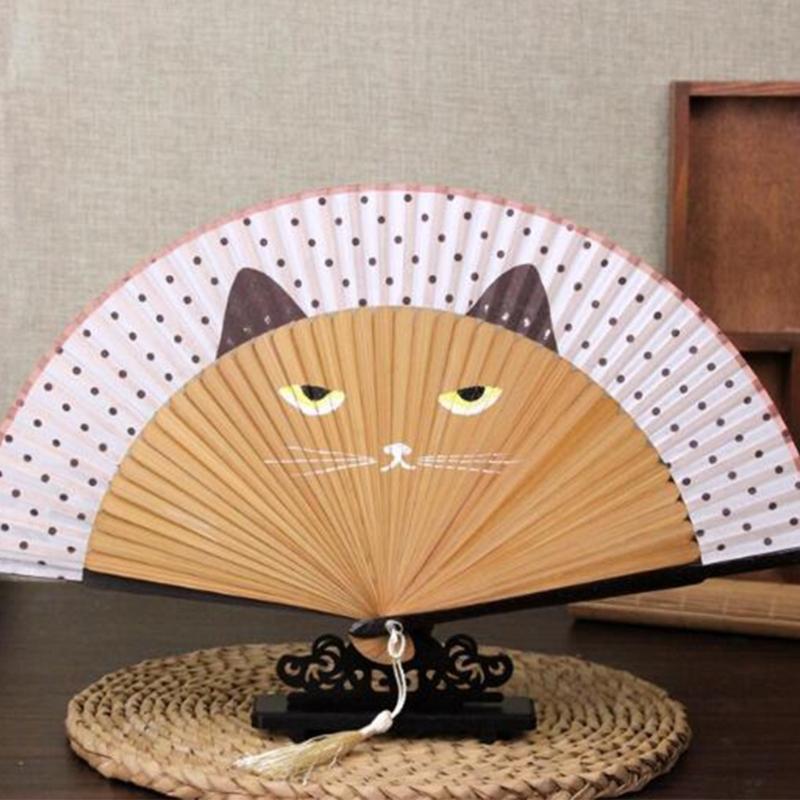 Cartoon Cat Hand Fan Chinese Japanese Folding Fan Silk Handheld Fan for Wedding Dancing Party Church Gifts Decoration