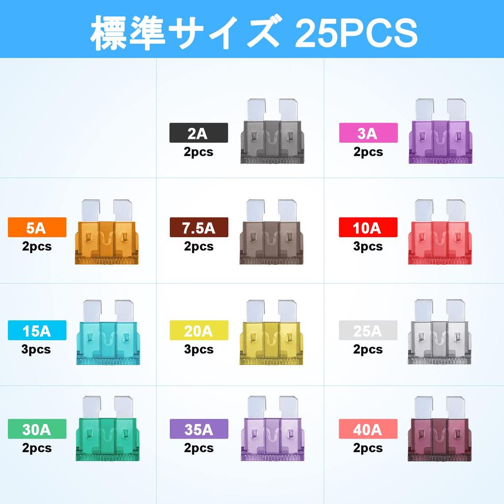 JOREST 25 Stück Auto-Sicherungen, Für Auto/LKW/Motorrad (2A 3A 5A 7,5A 10A 15A 20A 25A 30A 35A 40A), Standard Flachsicherung