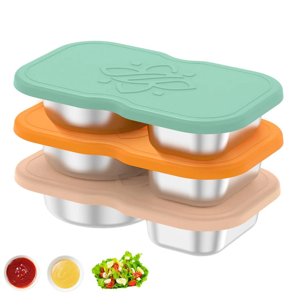 3Pcs 150ml Double Compartment Seasoning Container Stainless Steel Snack Container with Lids Portable Dip Container for Travel
