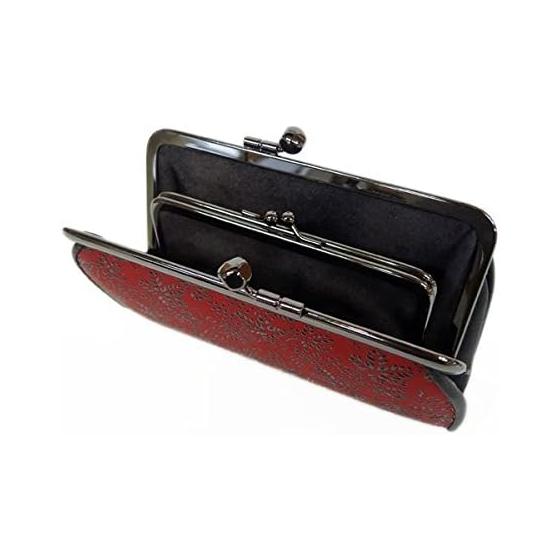 Inden-ya Inden Coin Purse 340 Parent-Child Gamaguchi Coin Case 1501 Red Deer Leather X Black Lacquer Grape Pattern 8.5cm (H) X 14.5cm (W) X 3.5cm (D)