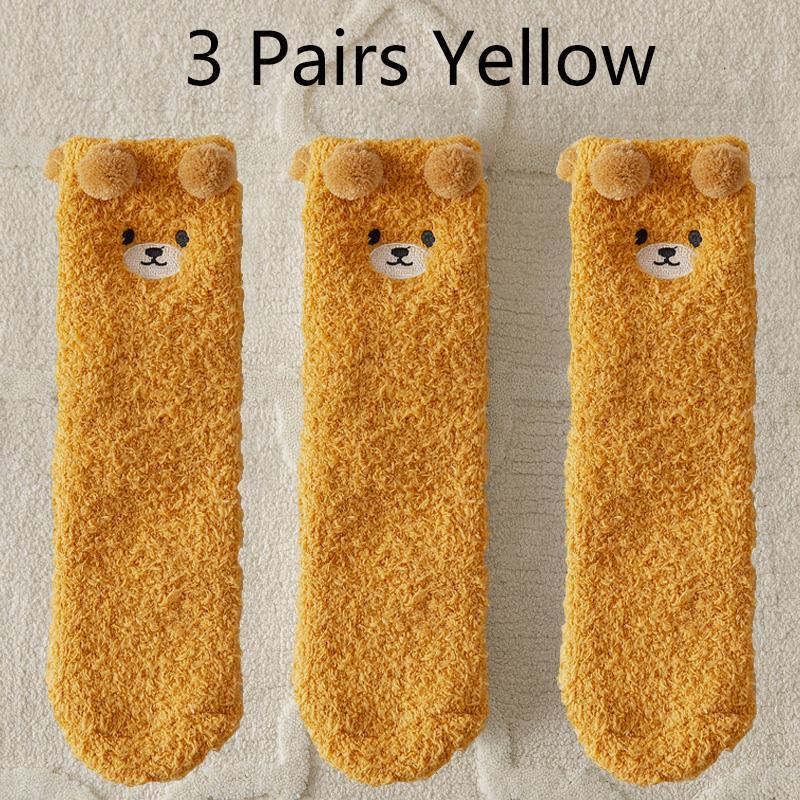 3 Pairs Winter Socks Women Warm Fluffy Socks Bear Cute Animal Coral Fleece Kawaii Fuzzy Socks Thicken Home Sleep Floor Socks Ins
