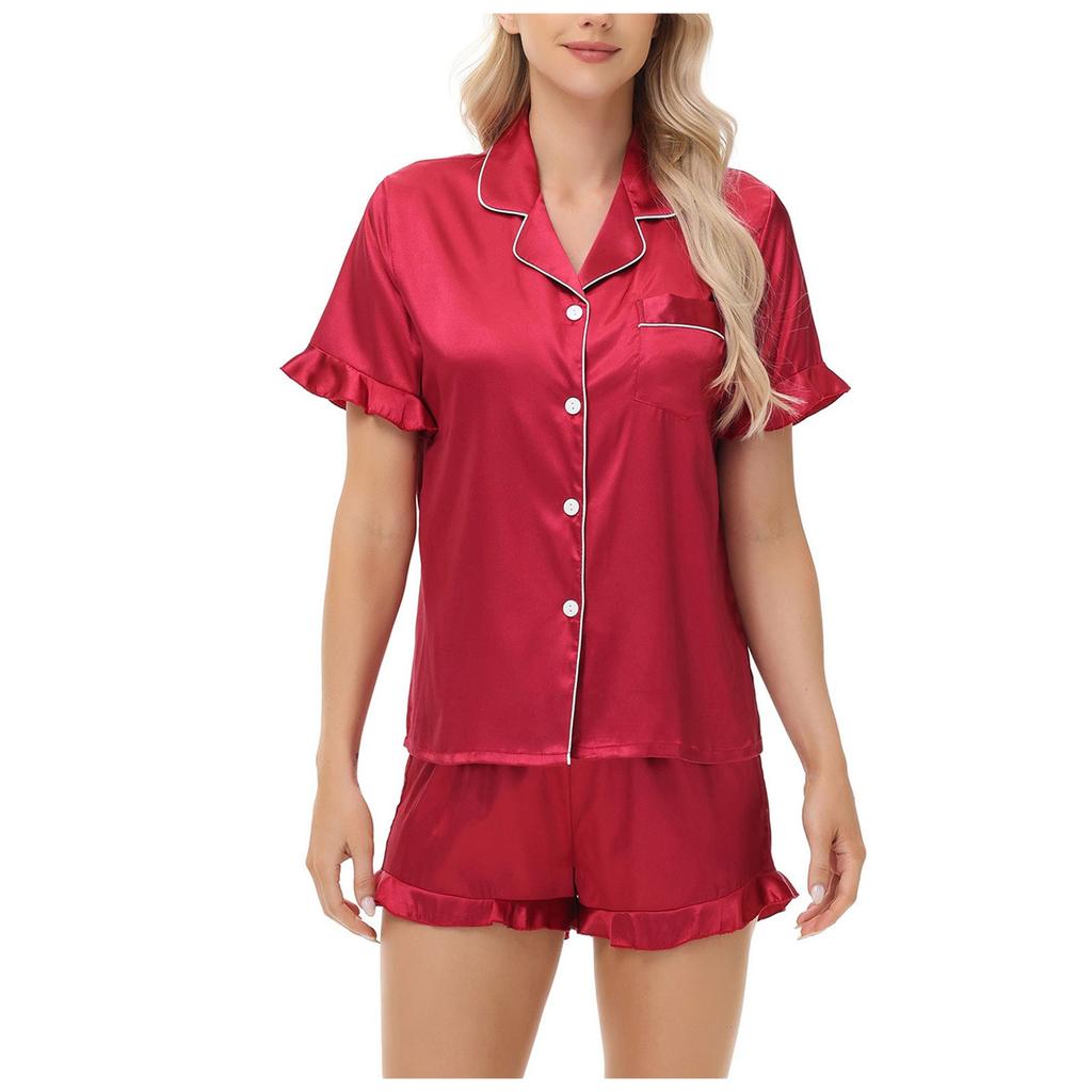 Satin Double Ruffle Imitation Silk Suit Short-sleeved Shorts Ladies Home Clothes