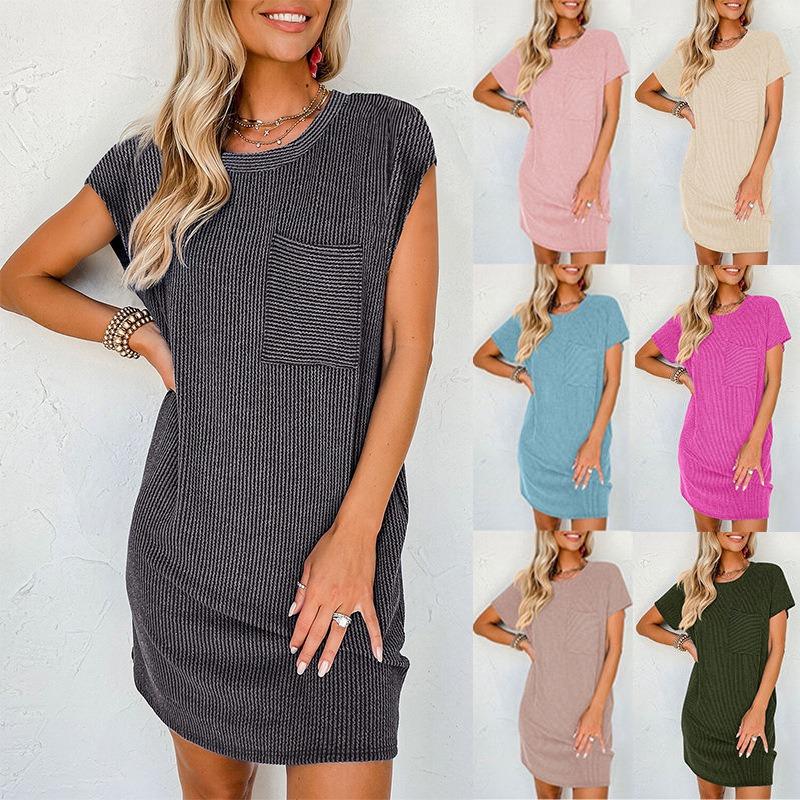 Women's Summer Casual Color Contrast Wave Striped Short Sleeve Pocket Dress