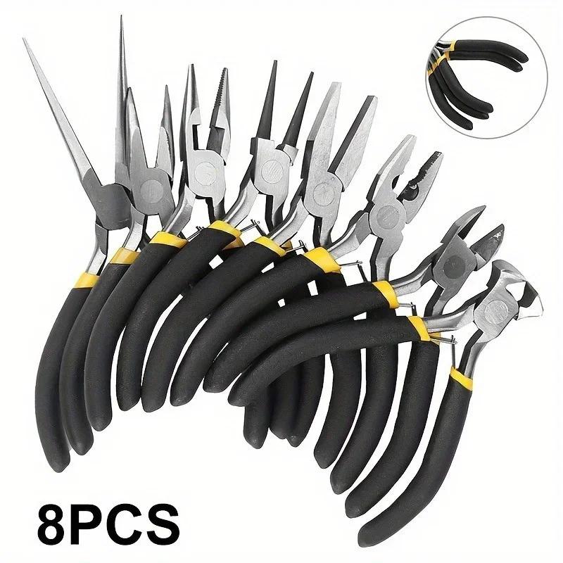 8Pcs Mini Pliers Set Long Nose with Teeth Flat Jaw Round Curved Needle Diagonal Nose Wire End Cutting Cutter Tools.