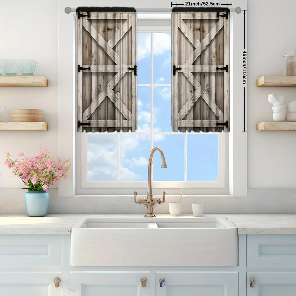 2pcs Light Colour Wooden Door Printed Curtain for Home Decor-Rod Pocket Window Treatment for Bedroom  Office   Kitchen  Living Room