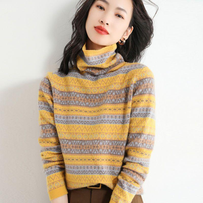 Winter New Turtleneck Long Sleeve Fashion Sweater Women High Street Casual Loose Printing Pullovers Elegant All-match Warm Tops