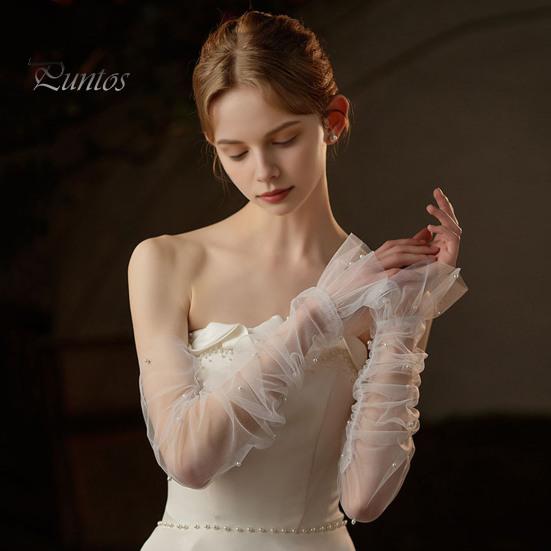 1 Pair Women Prom Arm Covers See-through Lace Faux Pearl Decor Thin Ruffle Pleated Fingerless Literary Style Performances Bride Wedding Photo Prop