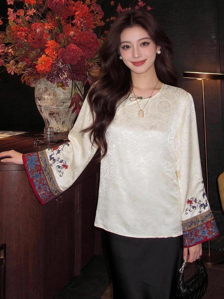 Rong Tai Women's 2026 Spring Frog Button Silk Jacquard Long Sleeve Shirt - Slimming Chinese Style Top