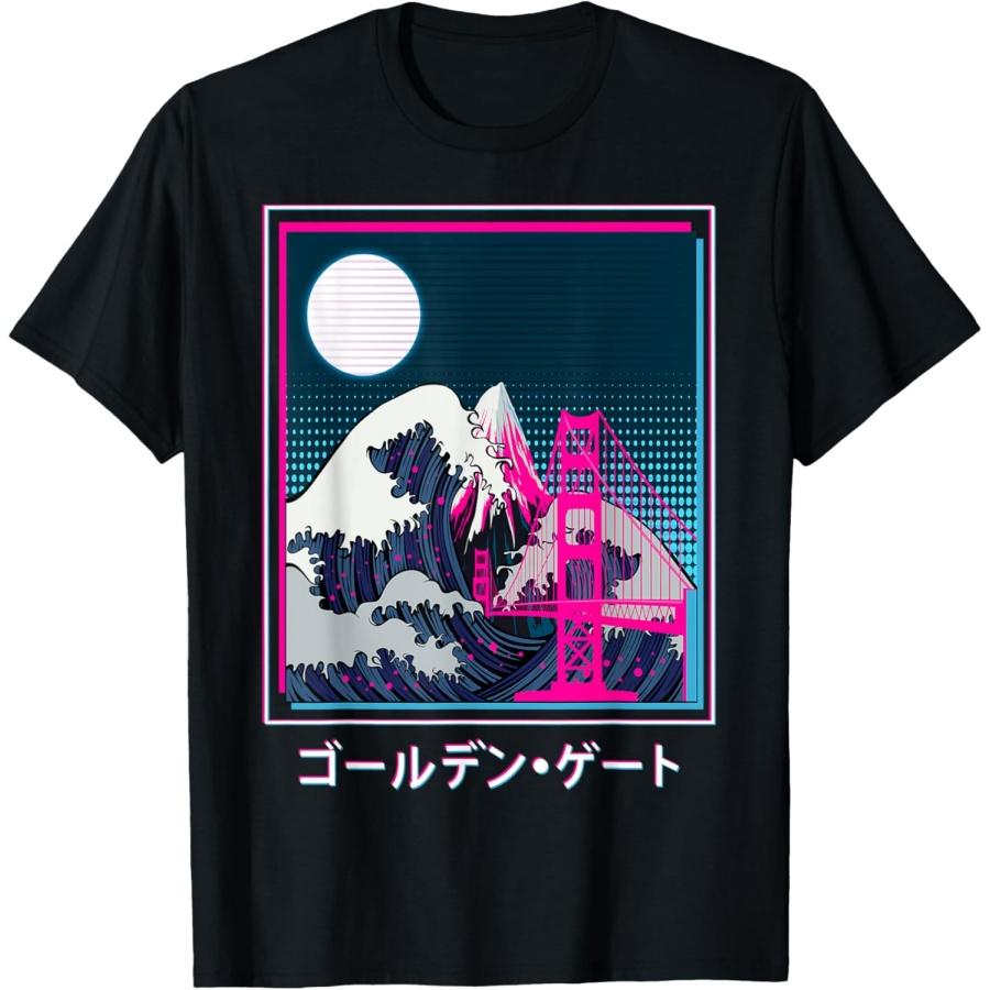 Golden Gate Bridge Great Wave Off Kanagawa Vaporwave T-Shirt S