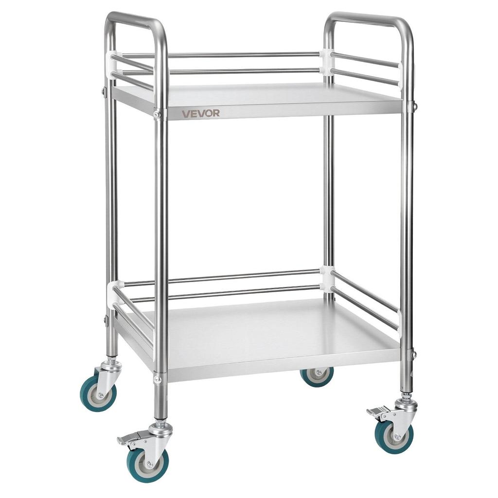 Stainless Steel Cart, 2-Tier Rolling Lab Utility Cart with Lockable Wheels, Medical Serving Trolley Clinic Tray, Heavy Duty Mobile Service Storage