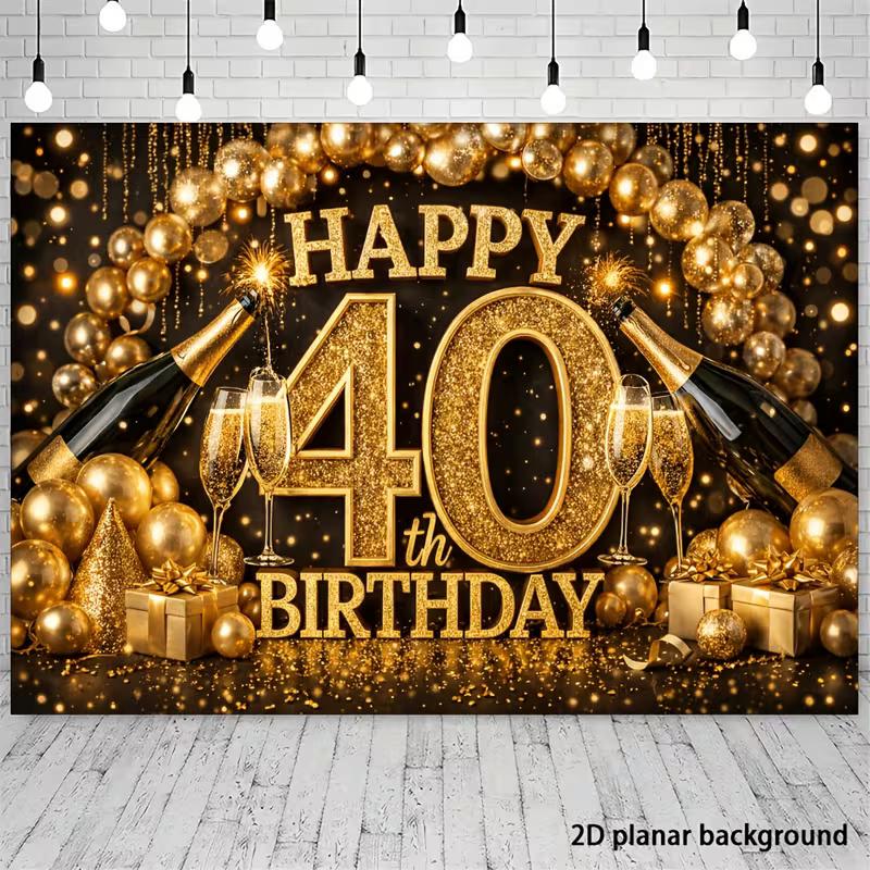 Fondo 2D para Fiesta de 40 Cumpleaños, Tema Negro y Dorado con Botellas de Champán para Decoración de Fiesta