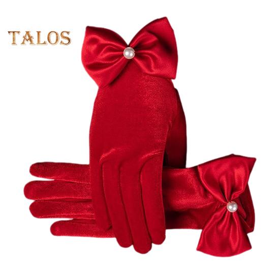 

1 пара женских перчаток осень-зима бархатные перчатки на пять пальцев однотонные перчатки с бантом декор толстые нескользящие теплые ветрозащитные выпускные свадебные вечеринки ювелирный магазин распродажа красный