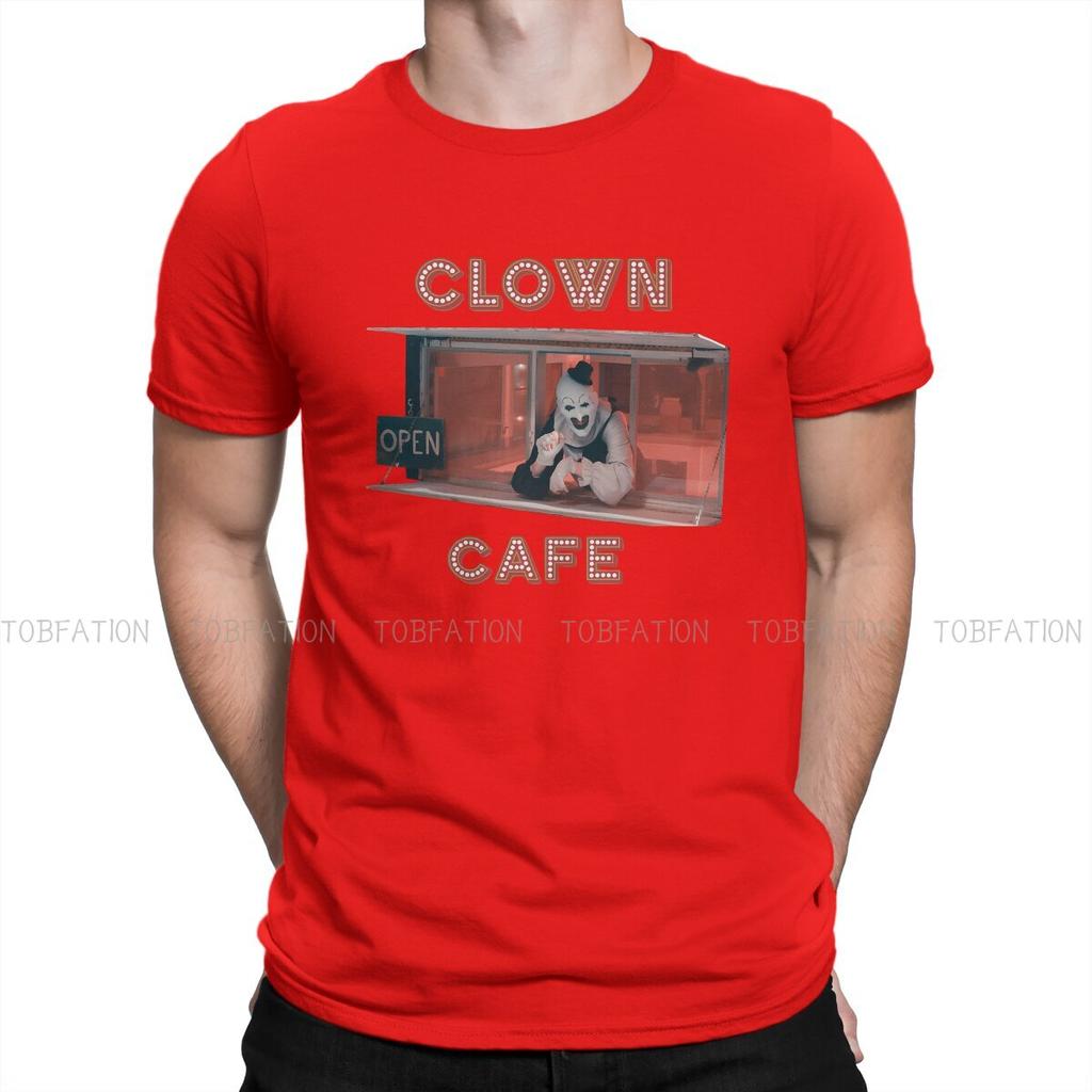 Terrifier Horror Films Newest TShirt for Men Clown Cafe Round Neck Pure Cotton T Shirt Personalize Gift Clothes OutdoorWear