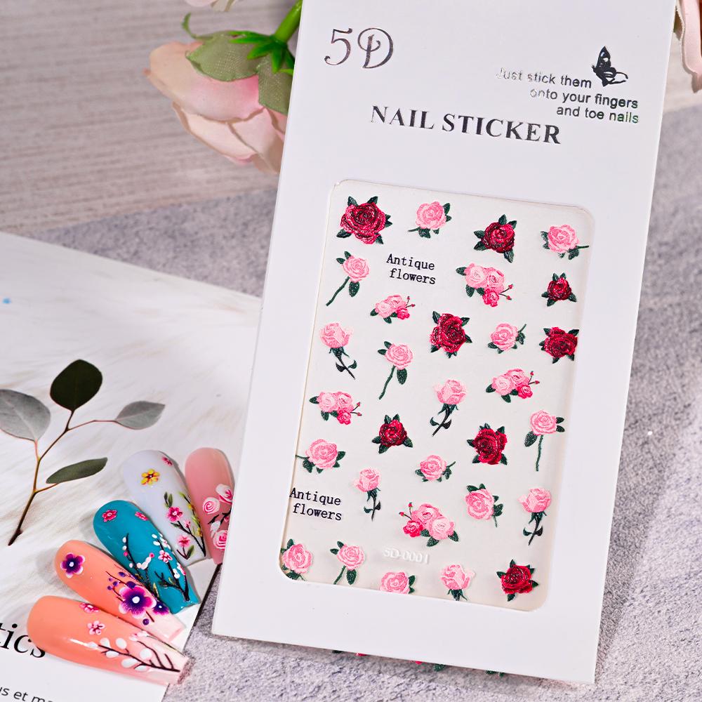 1sheet 5D Embossed Butterfly Nail Art Stickers Purple Butterflies/Floral Nail Art Decals Self-Adhesive Rose Flower Manicure Diy
