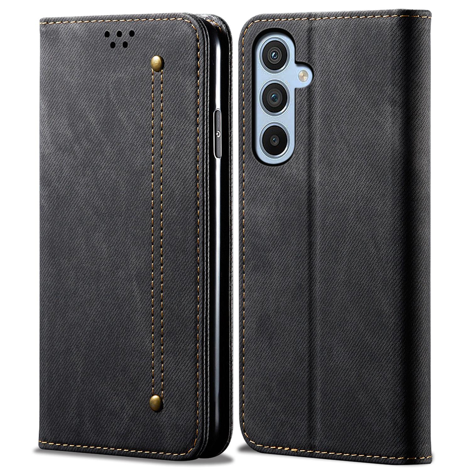 

For Samsung Galaxy M34 5G/F34 5G Jeans Cloth Texture Phone Stand Cover Wallet Phone Case PU Leather Shell Black