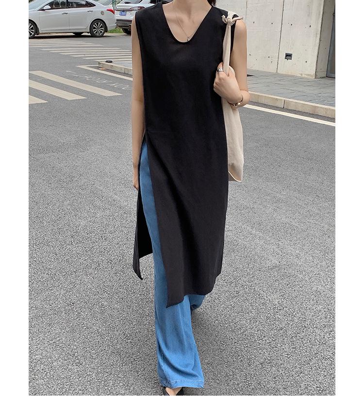 2025 Summer Sleeveless V-neck Linen Cotton Over-the-Knee Dress for Women - Solid Color, Simple Slit Design
