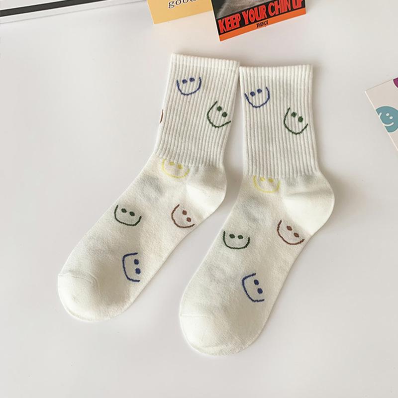 Cartoon Smiley Mid-Calf Women's Cotton Socks - Versatile Academy Style for All Seasons